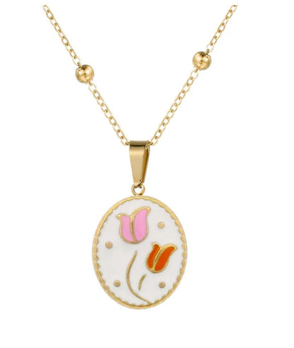 Vintage style pink and orane tulips - Necklace/Earring set - Gold - 18"
