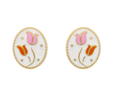 Vintage style pink and orane tulips - Necklace/Earring set - Gold - 18"