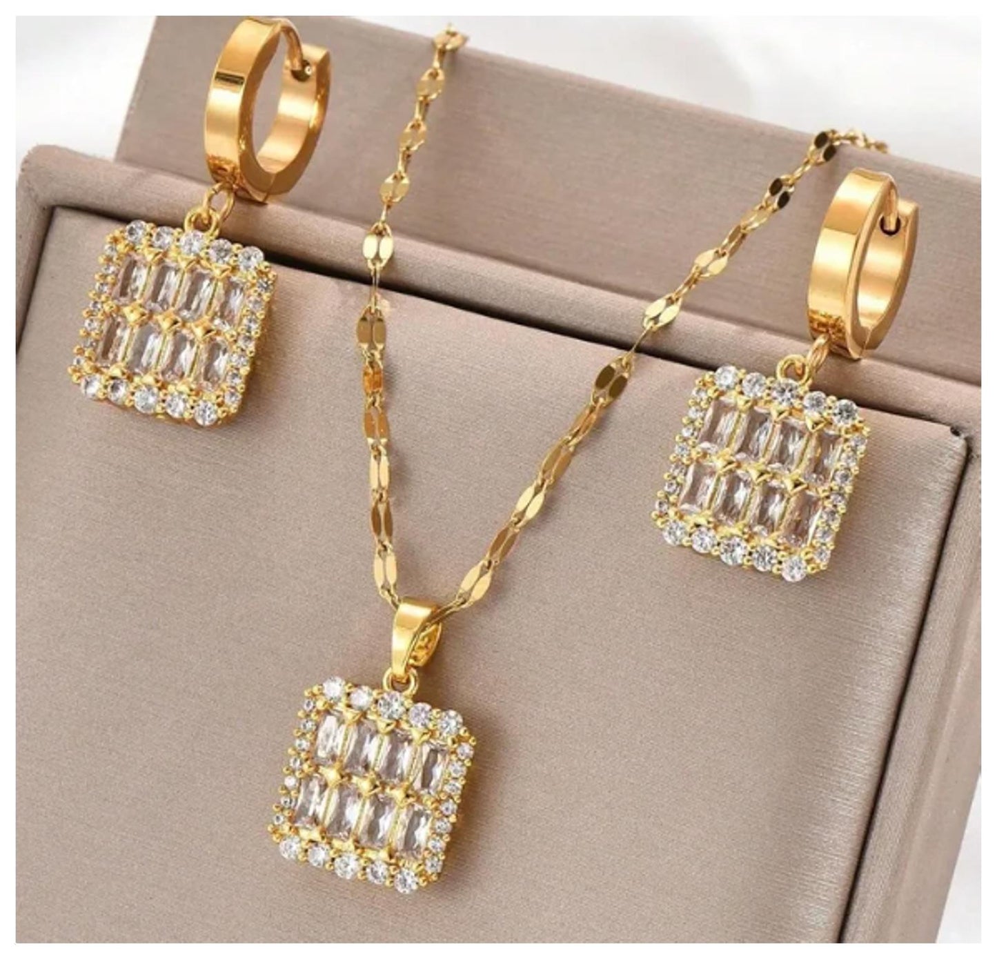 Square baguette and round Necklace/Earring set - Gold - CZs - 18"