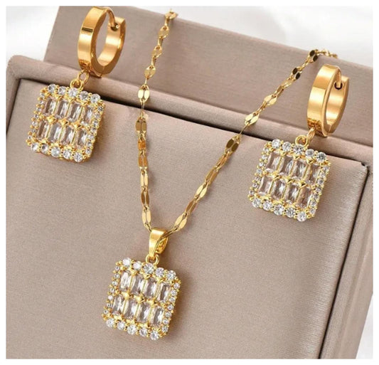 Square baguette and round Necklace/Earring set - Gold - CZs - 18"