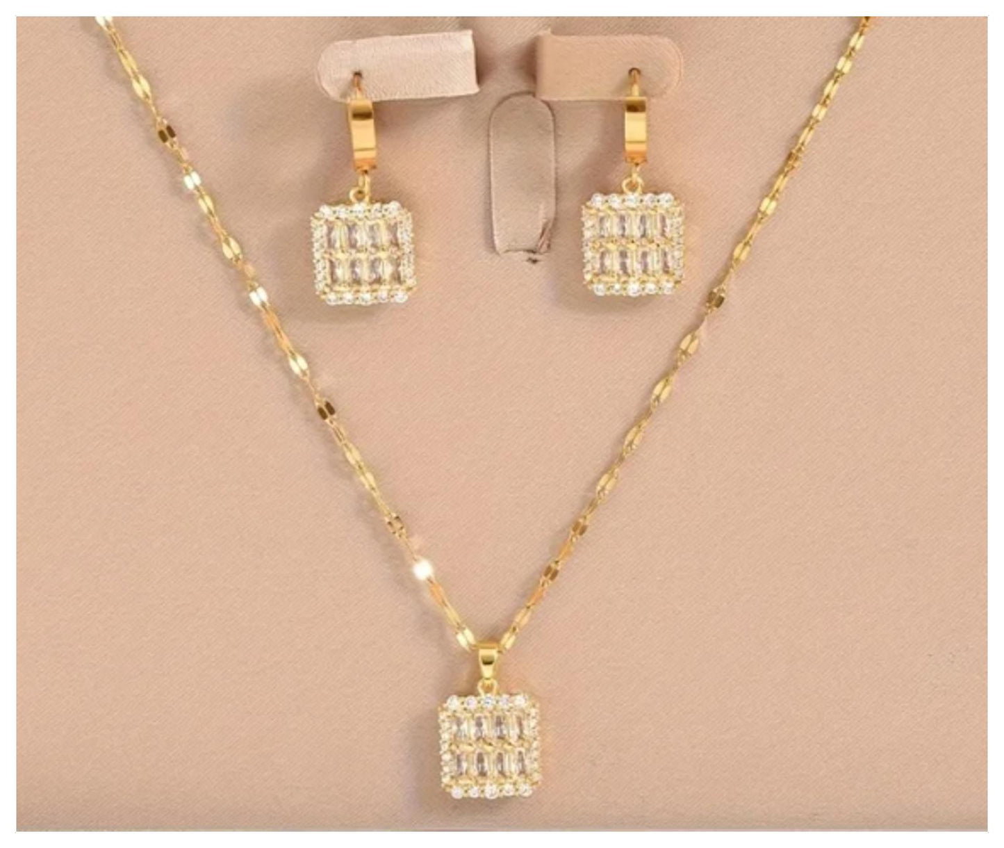 Square baguette and round Necklace/Earring set - Gold - CZs - 18"