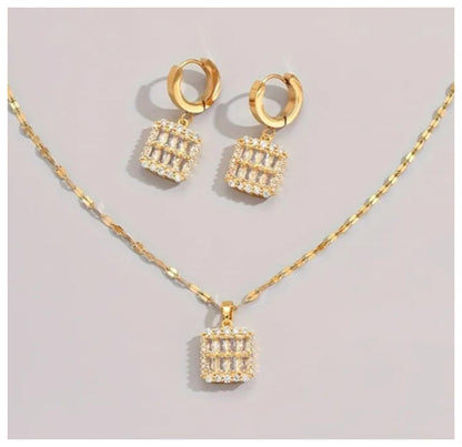 Square baguette and round Necklace/Earring set - Gold - CZs - 18"