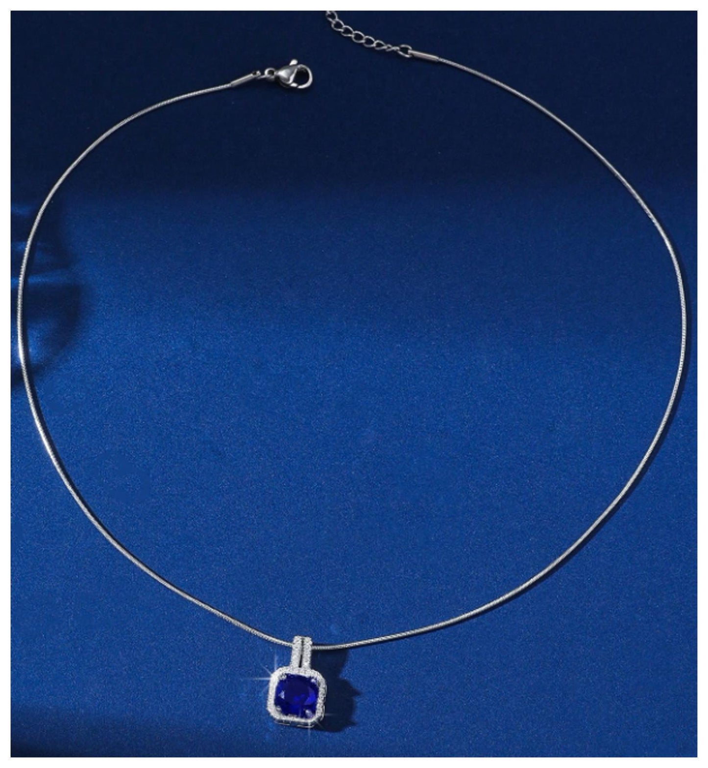 Blue square halo - Necklace - Silver - CZs - 18"