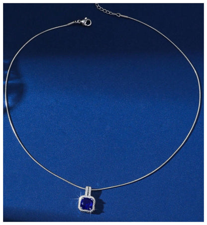 Blue square halo - Necklace - Silver - CZs - 18"