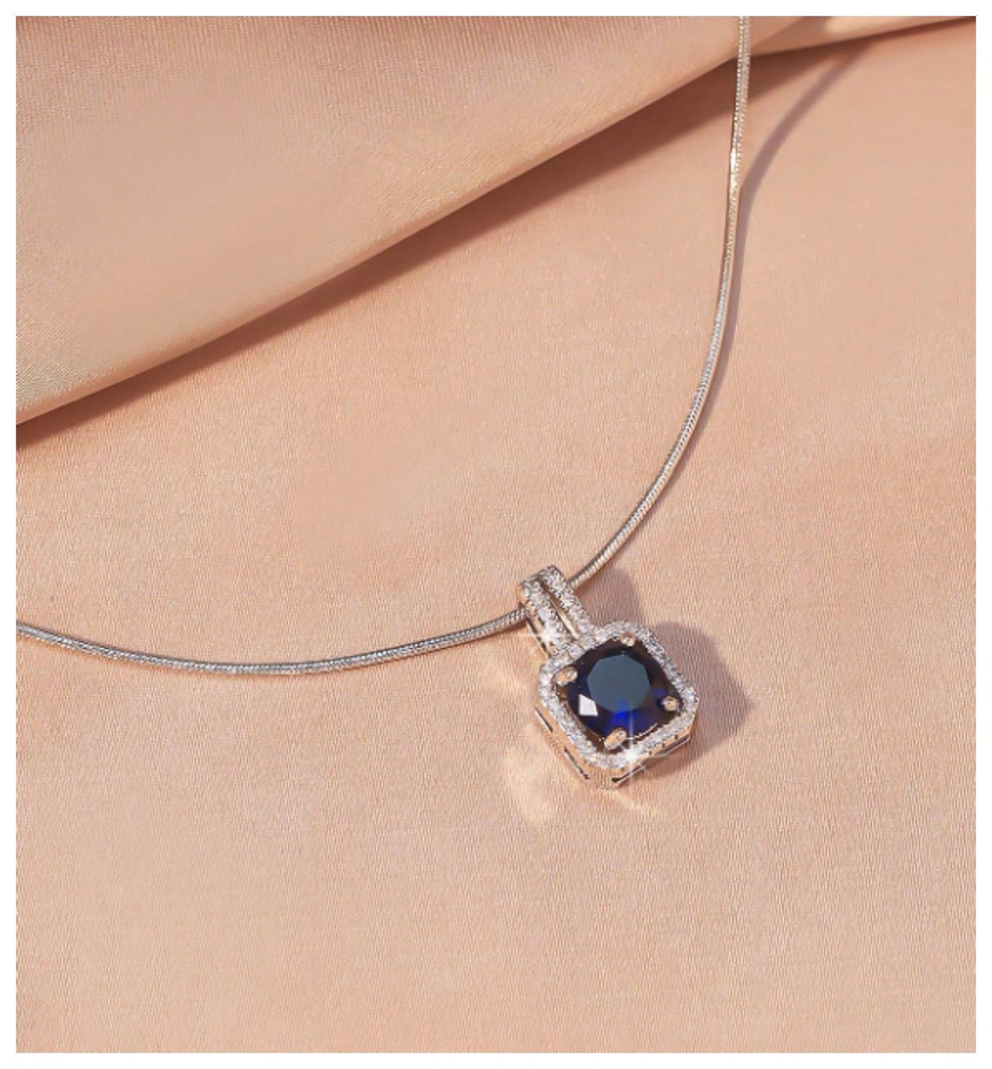 Blue square halo - Necklace - Silver - CZs - 18"