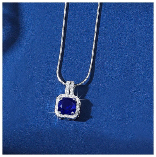 Blue square halo - Necklace - Silver - CZs - 18"