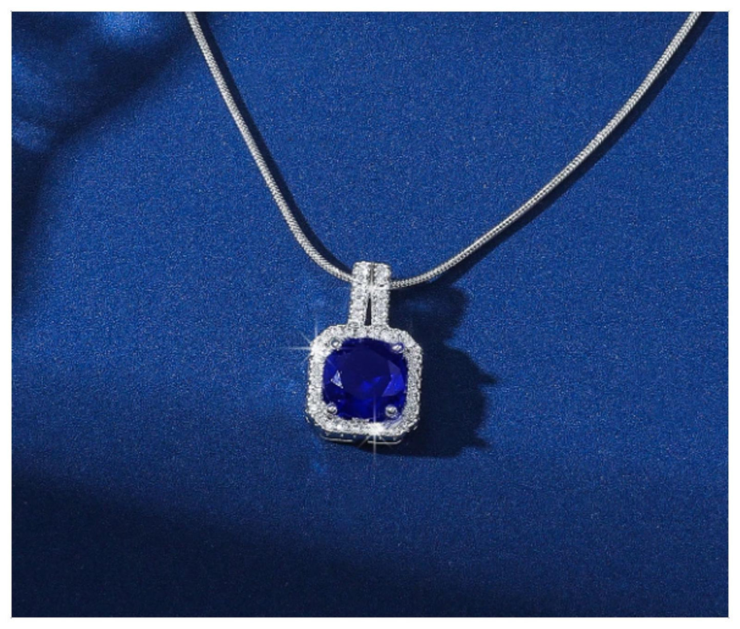 Blue square halo - Necklace - Silver - CZs - 18"