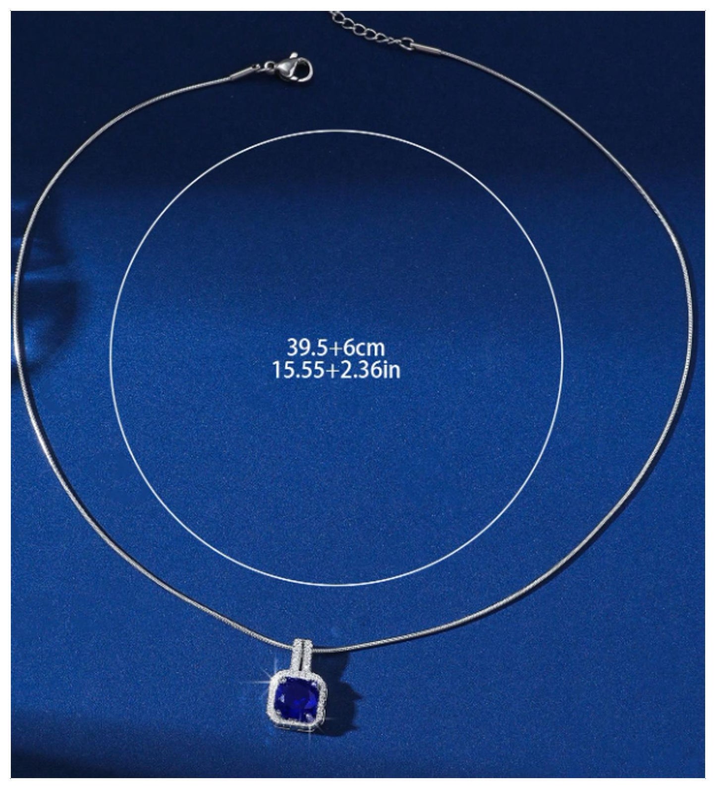 Blue square halo - Necklace - Silver - CZs - 18"