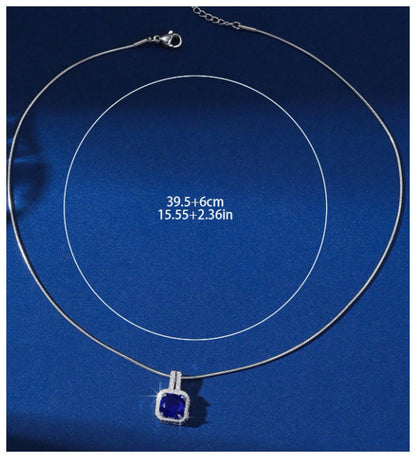 Blue square halo - Necklace - Silver - CZs - 18"