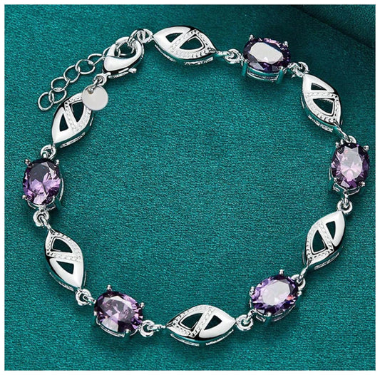 Purple oval link - Bracelet - Silver - CZs - 7-9"