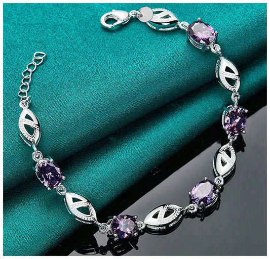Purple oval link - Bracelet - Silver - CZs - 7-9"