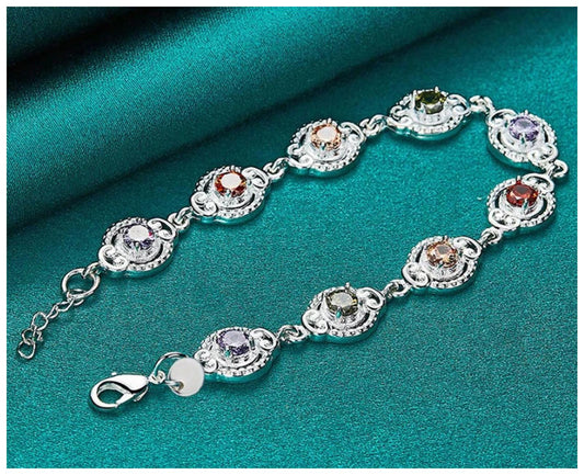 Multicolor vintage link - Bracelet - Silver - CZs - 6.5-8"