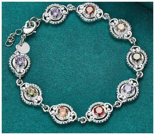 Multicolor vintage link - Bracelet - Silver - CZs - 6.5-8"