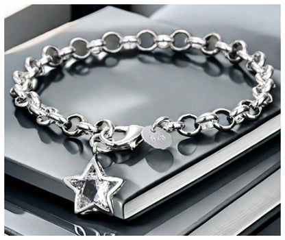 Star charm chain - Bracelet - Silver - CZs - 8"