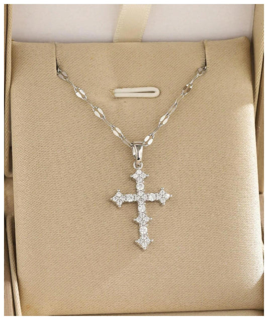 Pointed cross - Necklace - Silver - CZs - 18"
