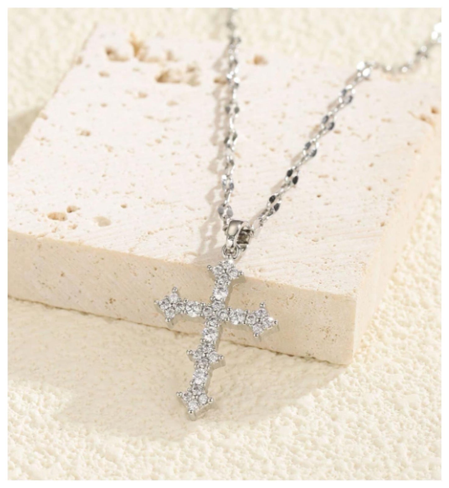 Pointed cross - Necklace - Silver - CZs - 18"
