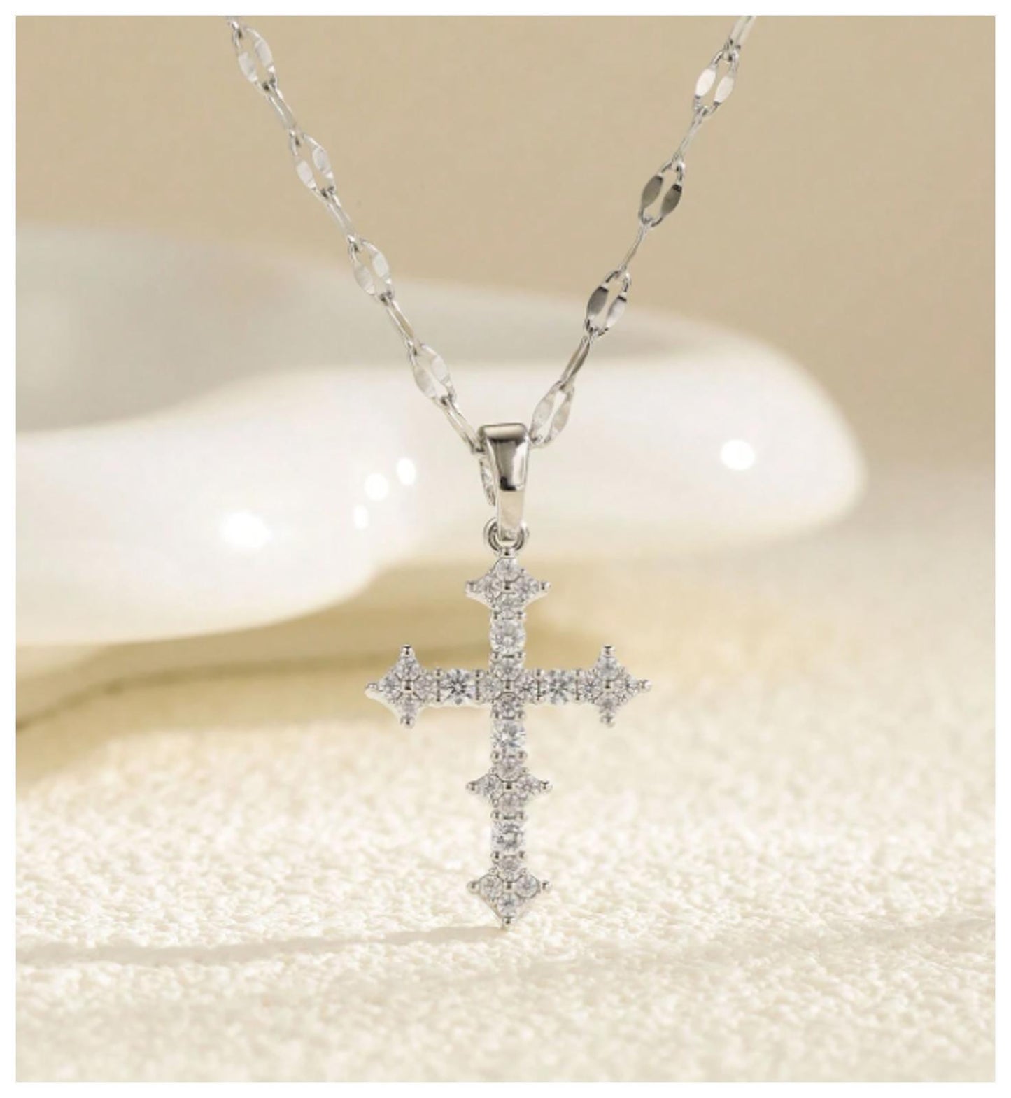 Pointed cross - Necklace - Silver - CZs - 18"