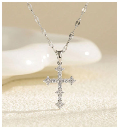 Pointed cross - Necklace - Silver - CZs - 18"