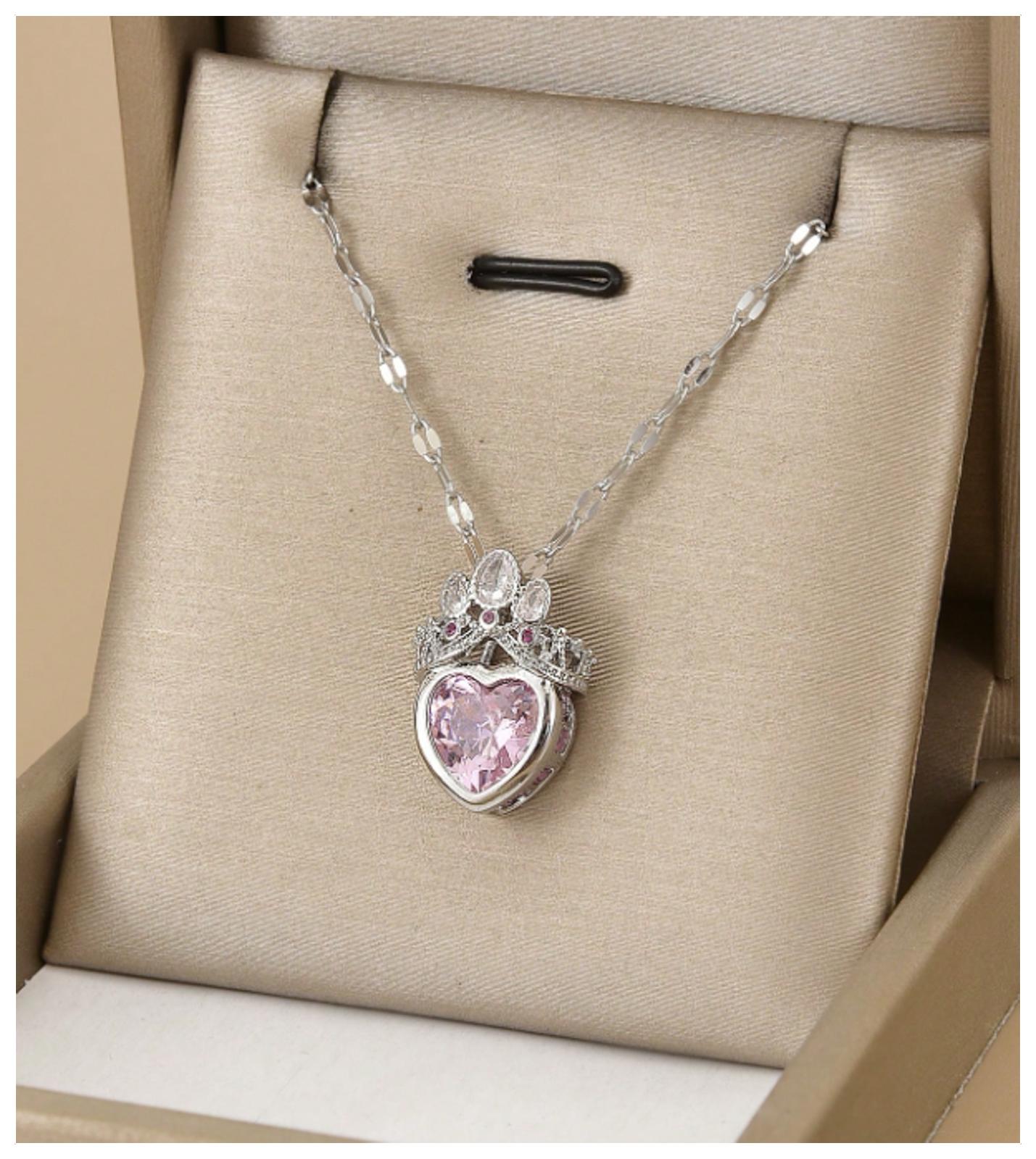 PInk heart crown - Necklace - Silver - CZs - 18"