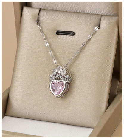 PInk heart crown - Necklace - Silver - CZs - 18"