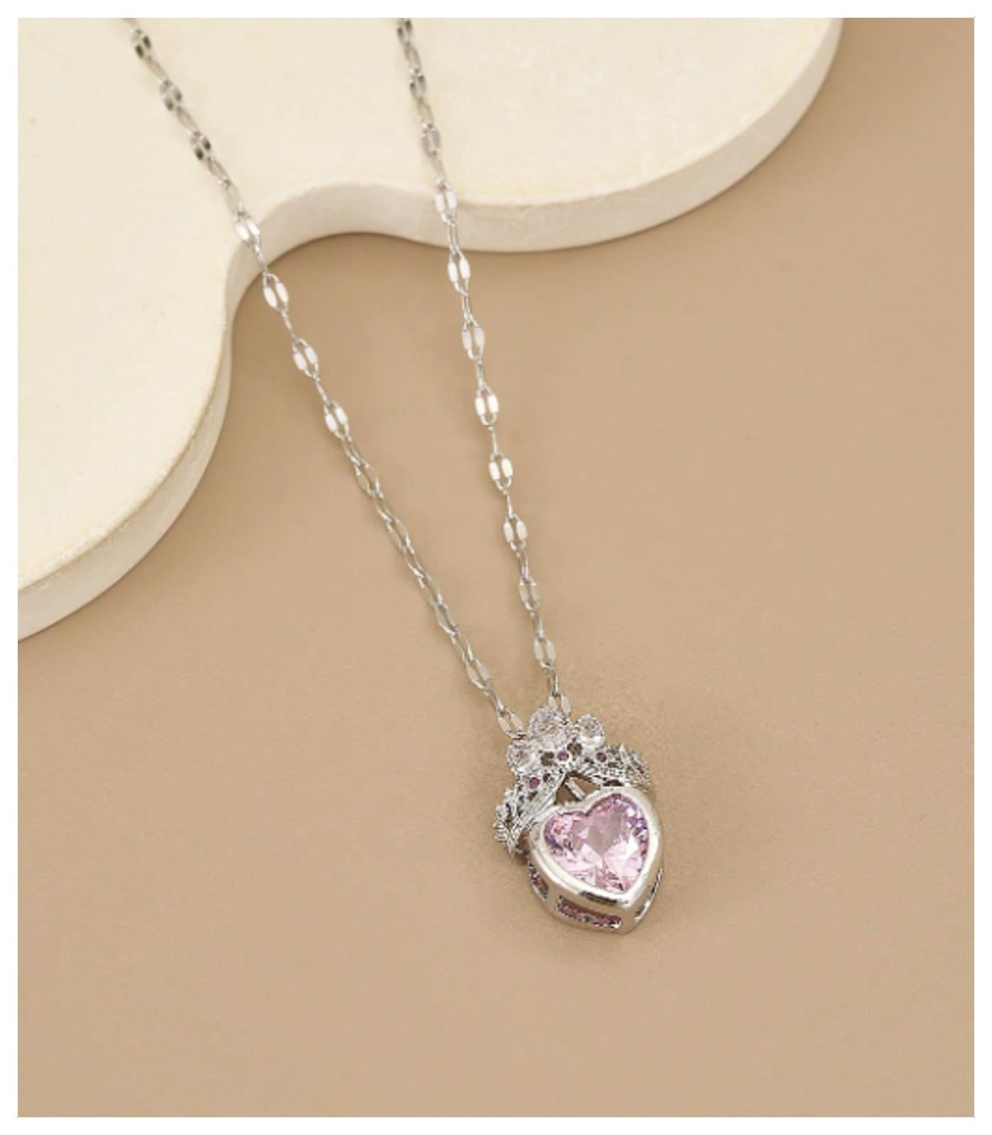 PInk heart crown - Necklace - Silver - CZs - 18"