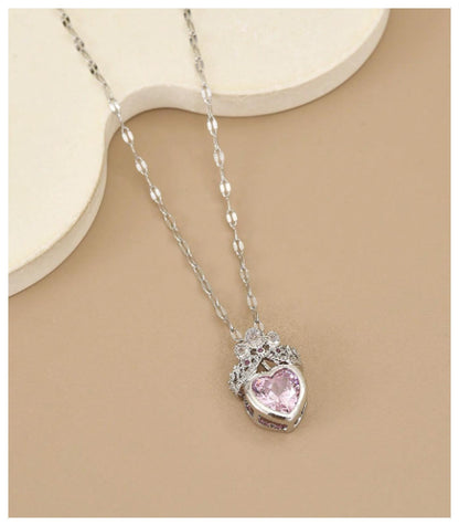 PInk heart crown - Necklace - Silver - CZs - 18"