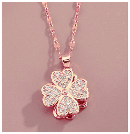 Rotating clover - Necklace - Rose Gold - CZs - 18"