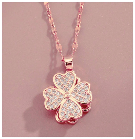 Rotating clover - Necklace - Rose Gold - CZs - 18"