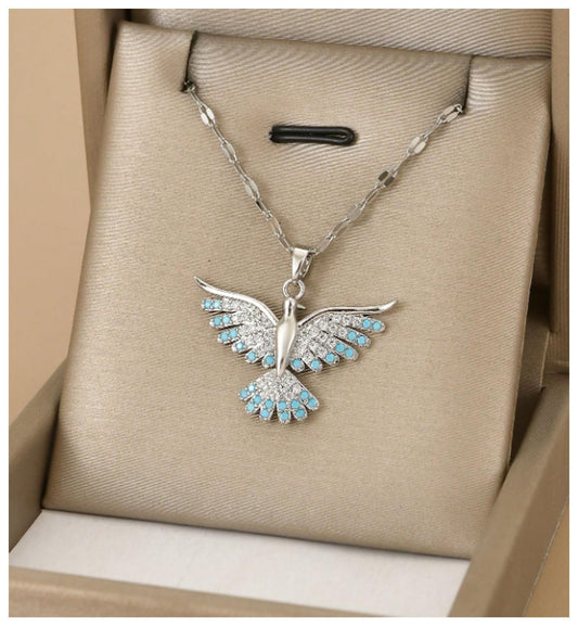 Blue and white flying bird - Necklace - Silver - CZs - 18"