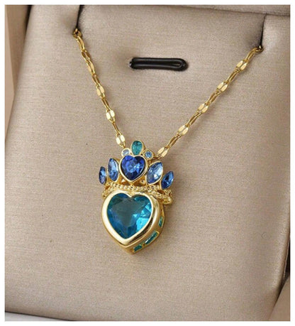 Blue heart crown - Necklace - Gold - CZs - 18"