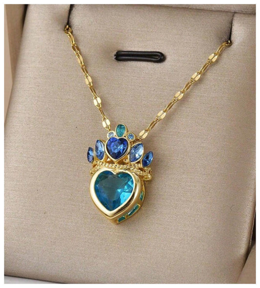 Blue heart crown - Necklace - Gold - CZs - 18"
