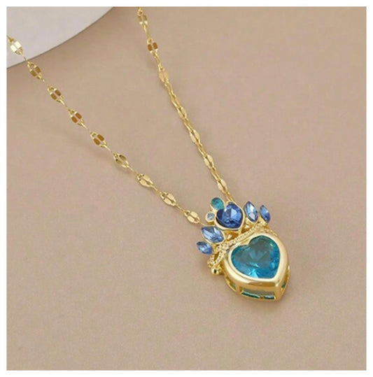 Blue heart crown - Necklace - Gold - CZs - 18"
