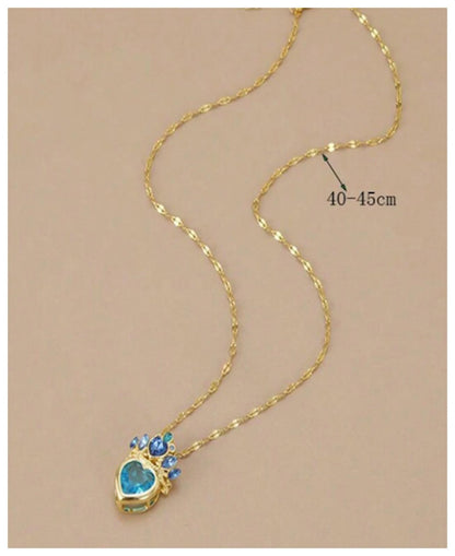 Blue heart crown - Necklace - Gold - CZs - 18"