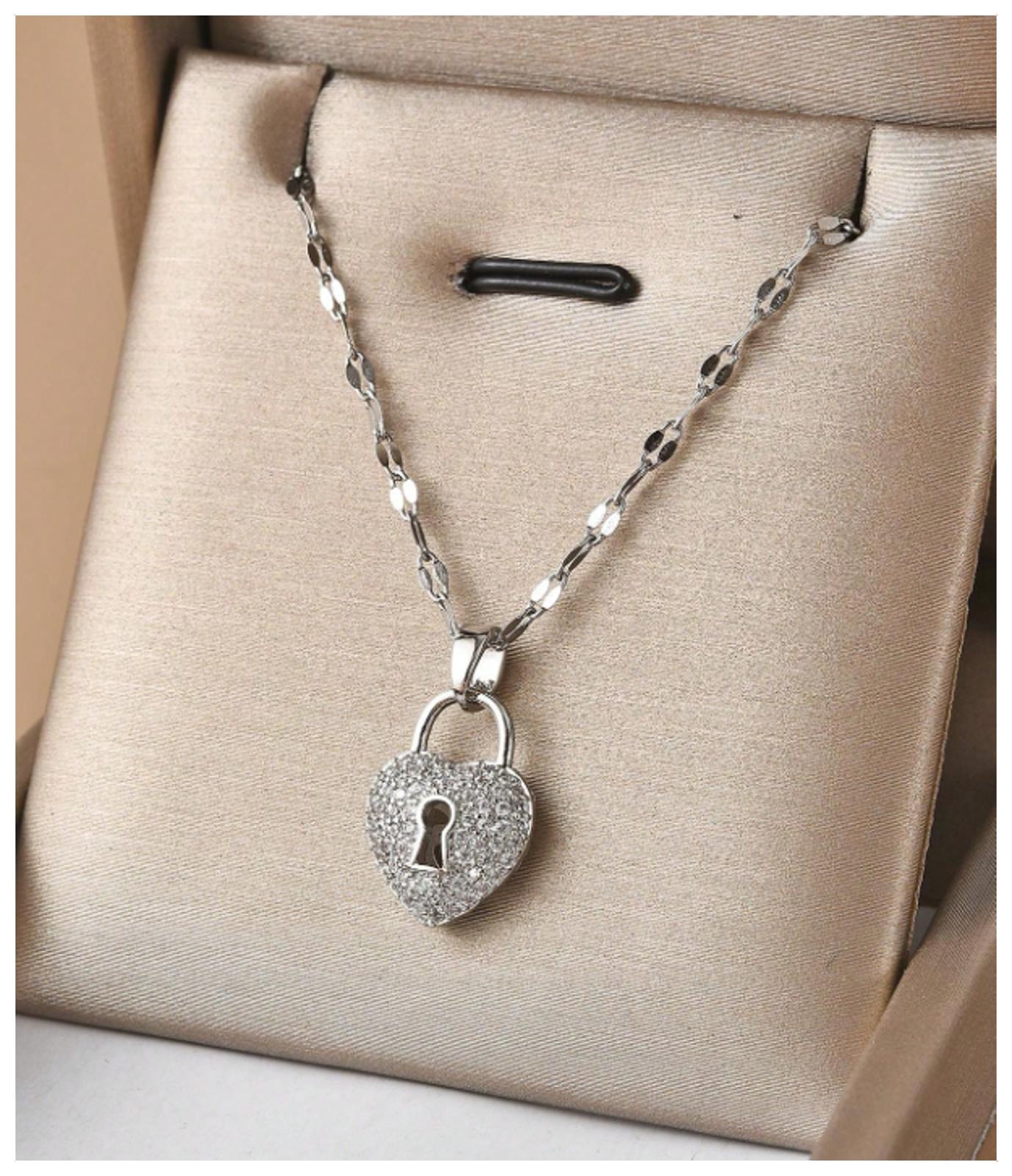 Bling heart padlock - Necklace - Silver - CZs - 18"