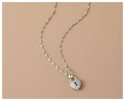 Bling heart padlock - Necklace - Silver - CZs - 18"