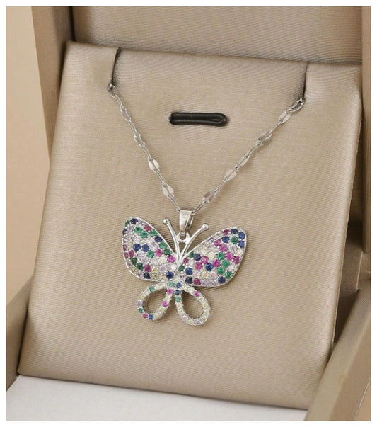 Multicolor butterfly - Necklace - Silver - CZs - 18"