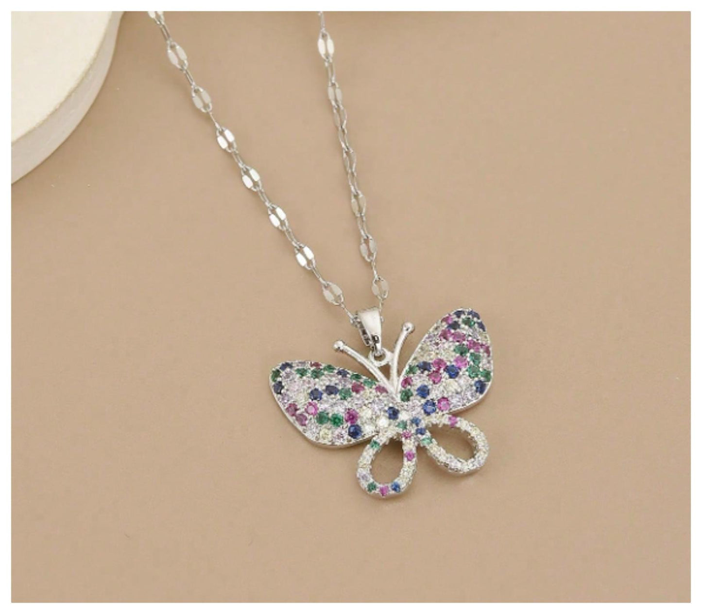 Multicolor butterfly - Necklace - Silver - CZs - 18"