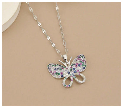 Multicolor butterfly - Necklace - Silver - CZs - 18"