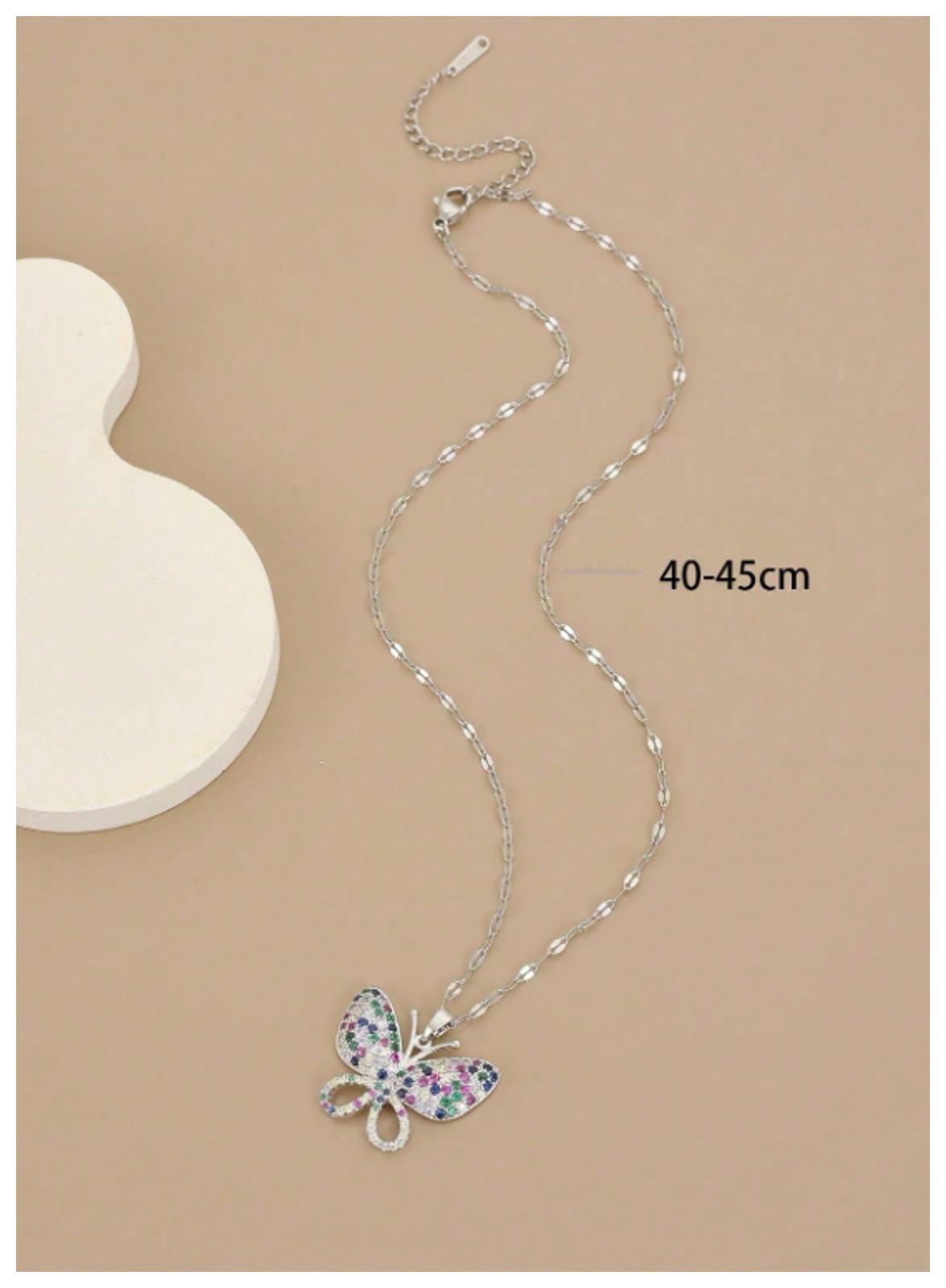 Multicolor butterfly - Necklace - Silver - CZs - 18"