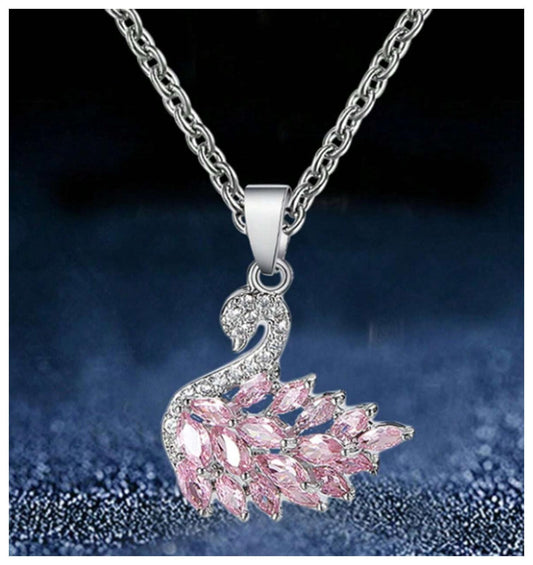 Pink swan - Necklace - Silver - CZs - 18"