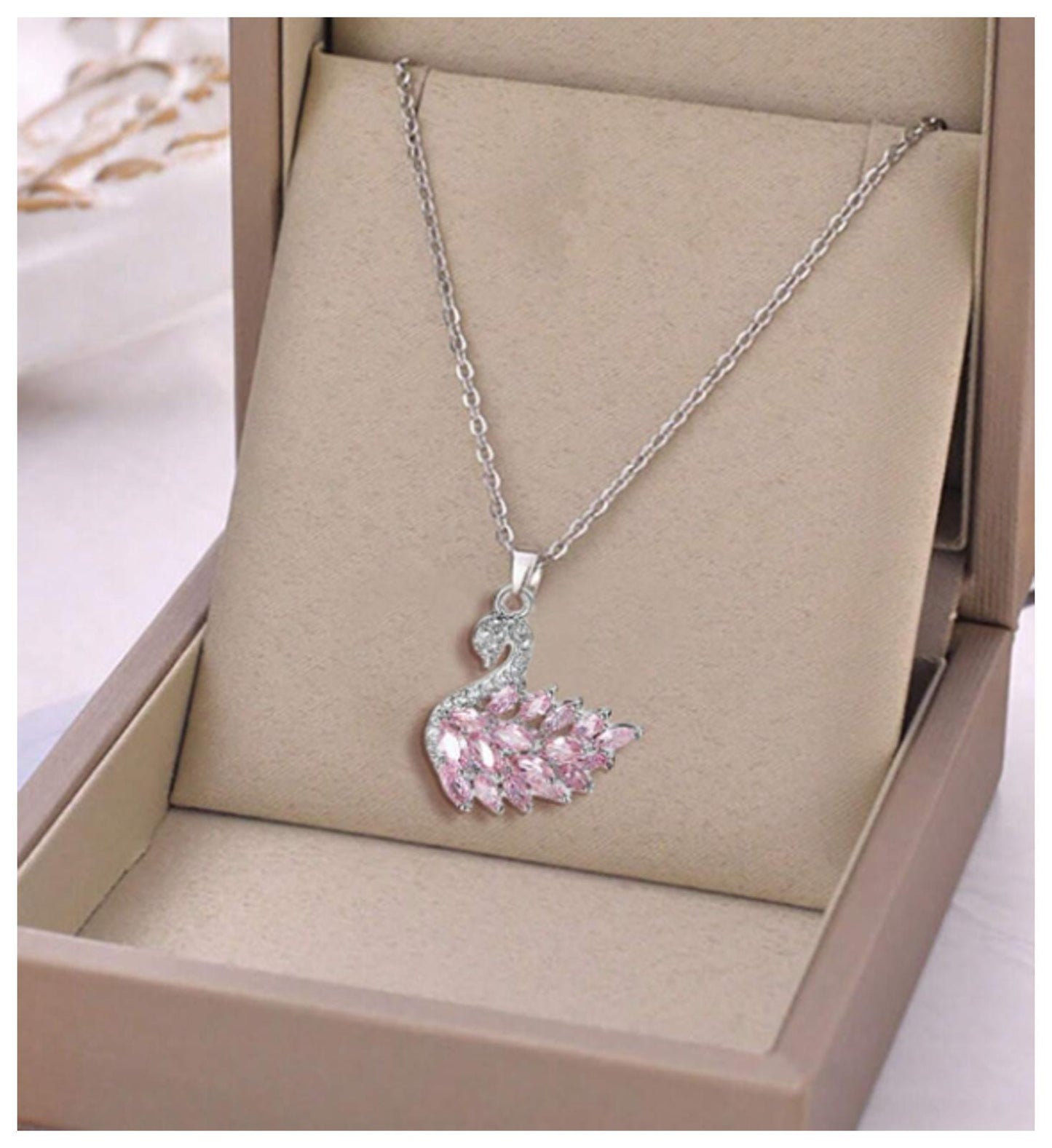 Pink swan - Necklace - Silver - CZs - 18"