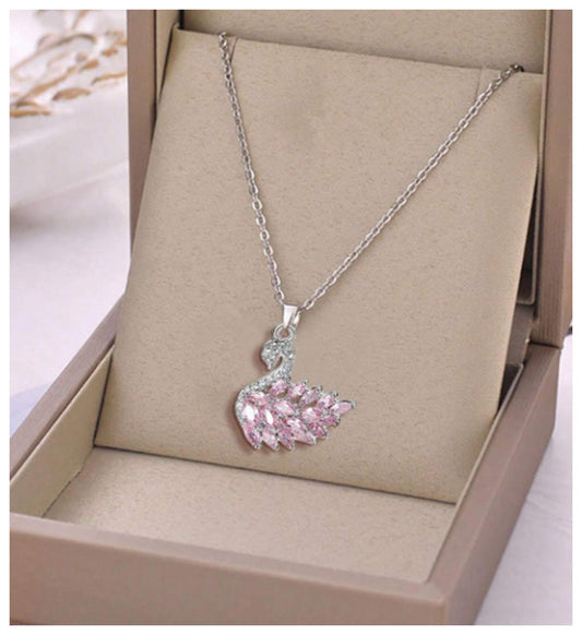 Pink swan - Necklace - Silver - CZs - 18"