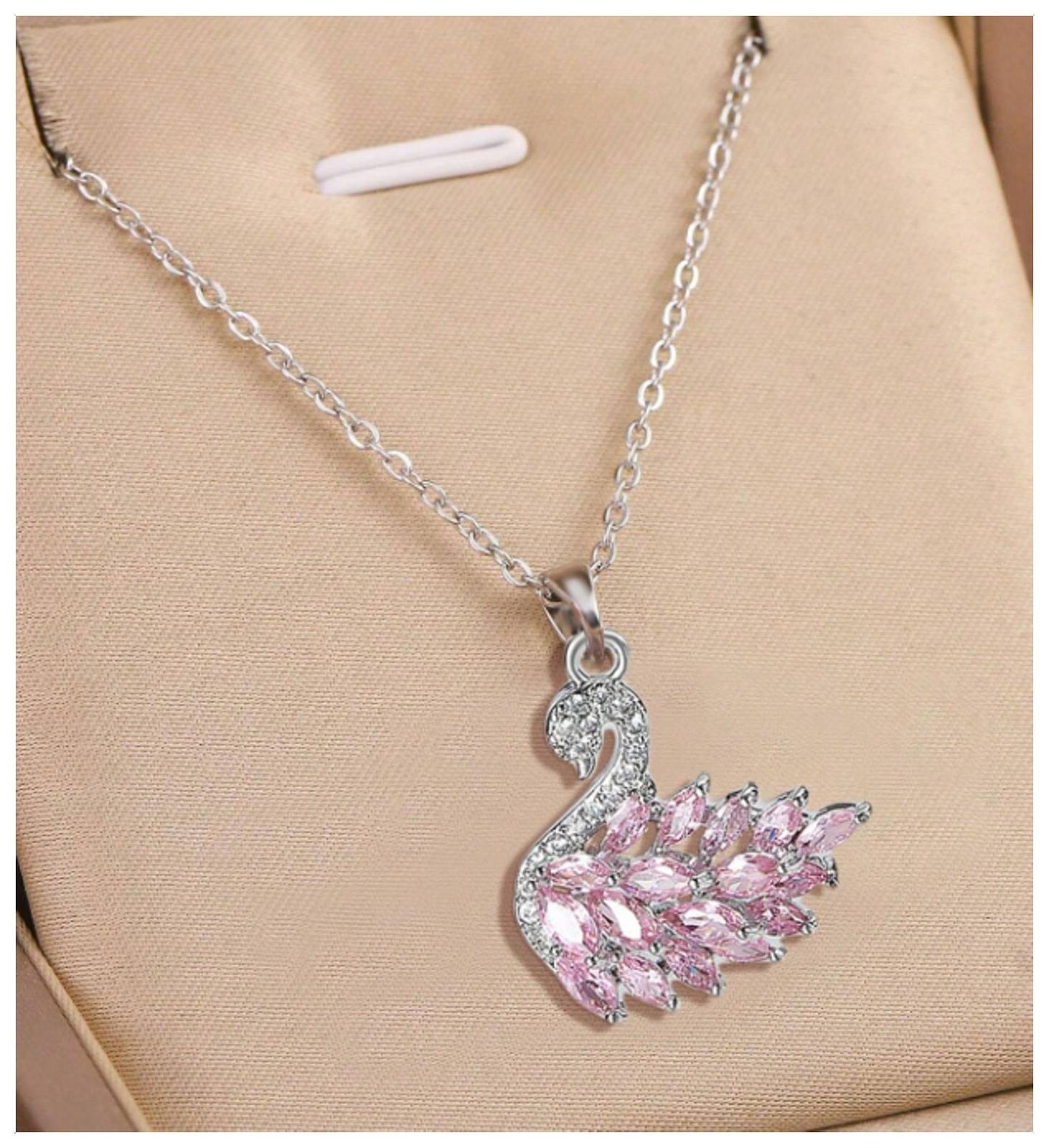 Pink swan - Necklace - Silver - CZs - 18"