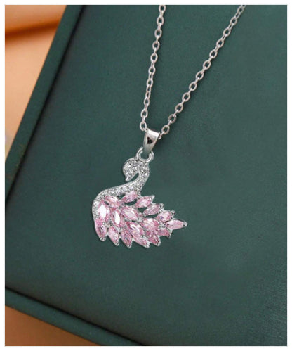 Pink swan - Necklace - Silver - CZs - 18"