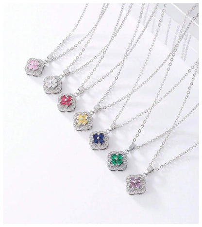 Green emerald colored clover - Necklace - Silver - CZs - 18"