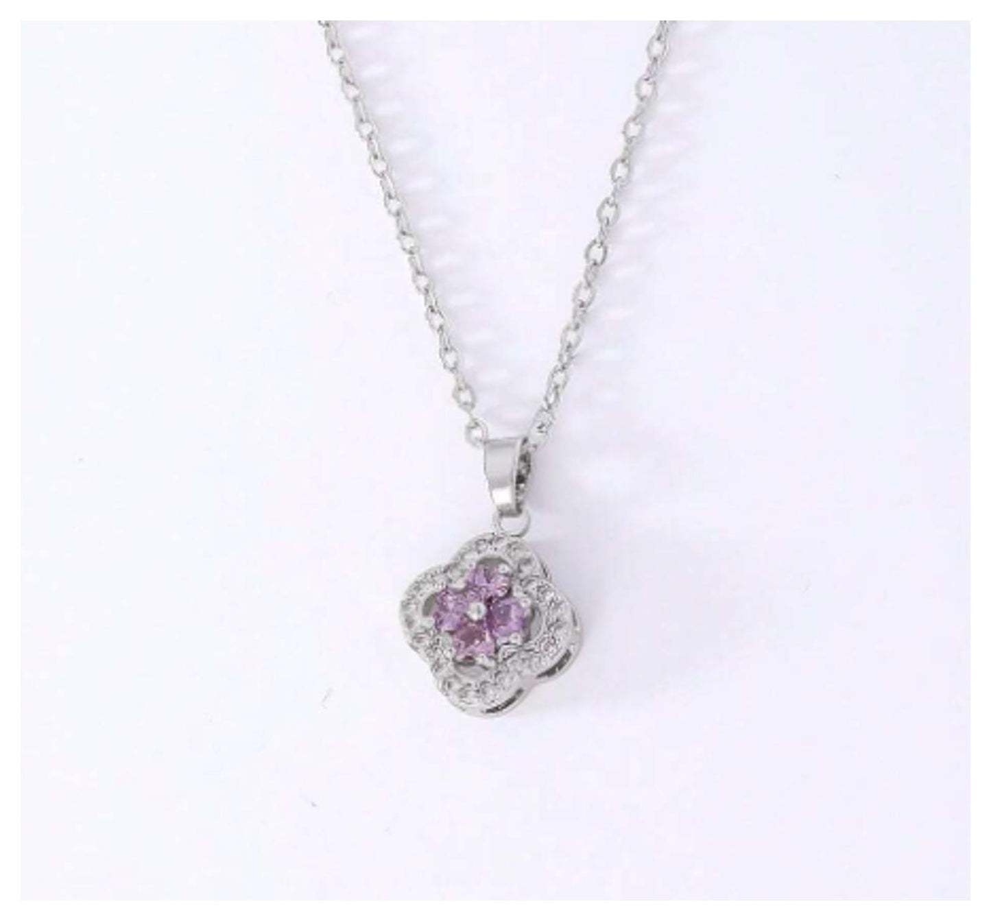 Purple amethyst colored clover - Necklace - Silver - CZs - 18"