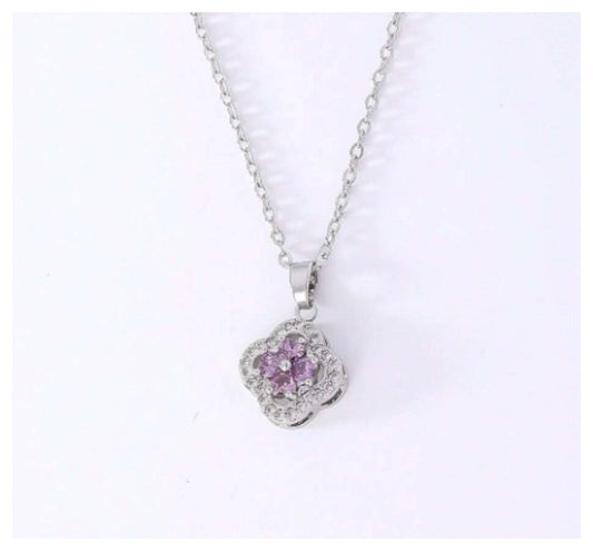 Purple amethyst colored clover - Necklace - Silver - CZs - 18"