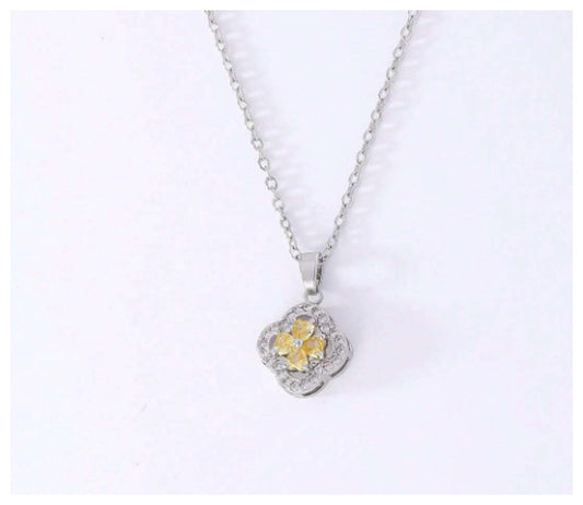 Yellow clover - Necklace - Silver - CZs - 18"