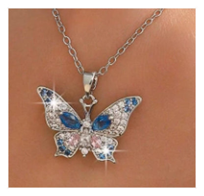 Blue and pink butterfly - Necklace - Silver - CZs - 18"