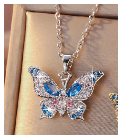 Blue and pink butterfly - Necklace - Silver - CZs - 18"